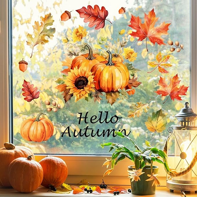 1 Sheet Pumpkin Window Clings Fall Window Clings for Glass Windows Double-Sided Hello Autumn Maple Leaf Flower Pumpkin Window Stickers for Glass Windows Decoration for Party Home Shop Decorations