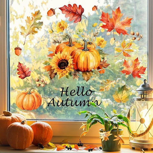 1 Sheet Pumpkin Window Clings Fall Window Clings for Glass Windows Double-Sided Hello Autumn Maple Leaf Flower Pumpkin Window Stickers for Glass Windows Decoration for Party Home Shop Decorations