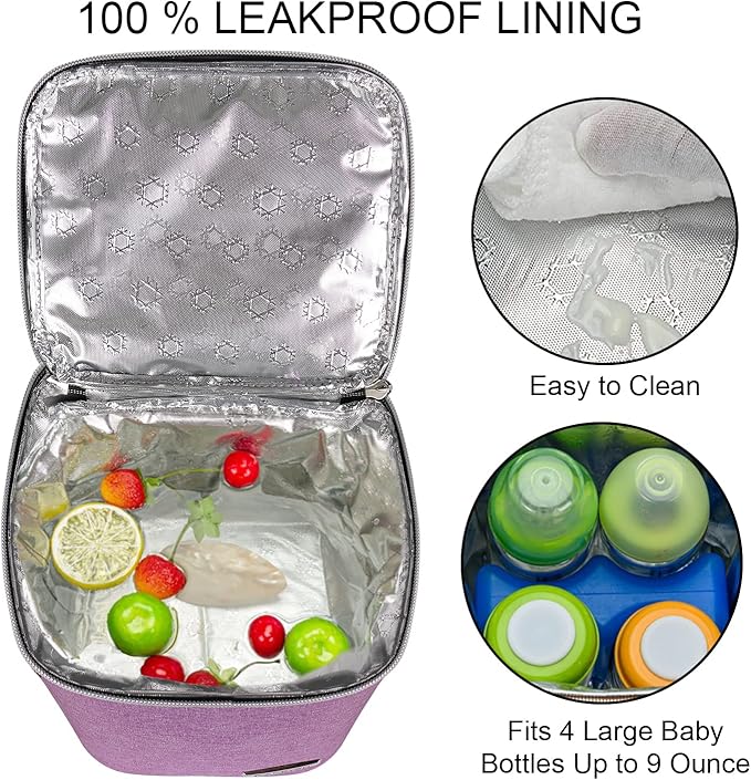 Breast Milk Cooler Bag with Ice Pack Fits 4 Baby Bottles Up to 9 Ounce, Baby Bottle Bag Great for Nursing Mom Daycare, Purple