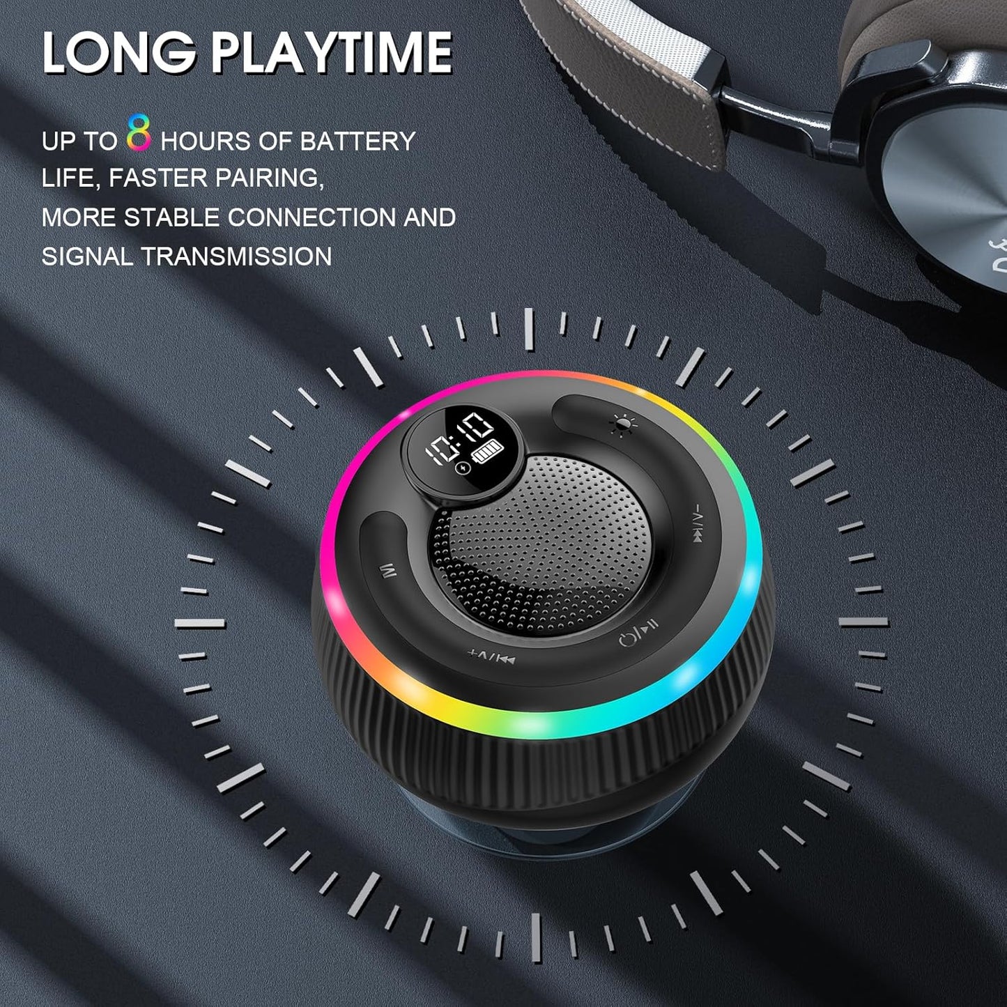 Bluetooth Speaker, HD Stereo Sound Shower Speaker, IPX7 Waterproof, Digital Display Portable with Suction Cup, LED Light, Small Wireless for Outdoor Party Beach Bathroom, Black