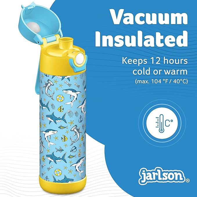Jarlson® Mali Children's Water Bottle, Thermal Stainless Steel Water Bottle, BPA-Free, Leak-Proof, Children's Bottle with Chug Lid, Bottle for School, Nursery (Sharks, 500 ml)