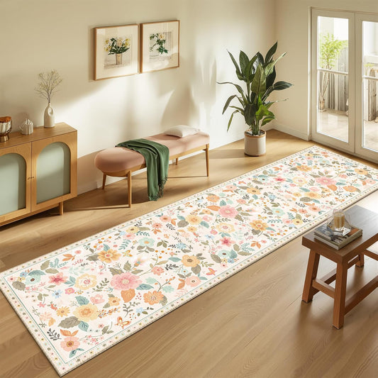 Floral 2x10 Area Rug Machine Washable Soft Print Boho Carpet Non Slip Doormat Low Pile Flower Area Rugs for Living Room Bedroom Nursery Kitchen Dining Room Indoor-Beige/White/Orange