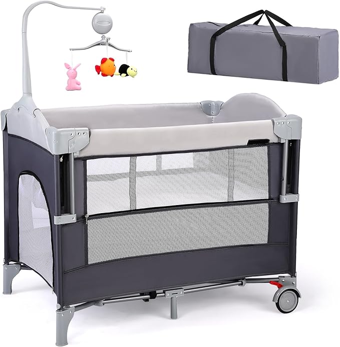 JOYMOR 4 in 1 Pack and Play, Baby Bedside Bassinet, Sturdy Play Yard with Padded Mat and Toy bar with Soft Toys