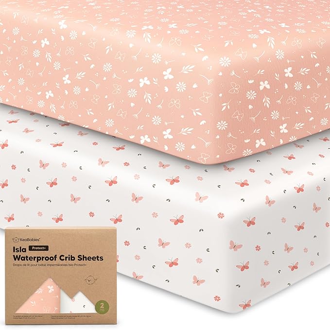2-Pack Waterproof Baby Crib Sheets for Boys, Girls - 52x28 Viscose Derived from Bamboo Toddler Bed Sheet Neutral, Fitted Crib Mattress Protector Cover for Baby Bedding, Soft & Gentle (Butterflies)