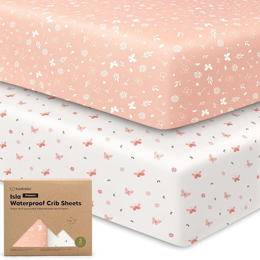 2-Pack Waterproof Baby Crib Sheets for Boys, Girls - 52x28 Viscose Derived from Bamboo Toddler Bed Sheet Neutral, Fitted Crib Mattress Protector Cover for Baby Bedding, Soft & Gentle (Butterflies)