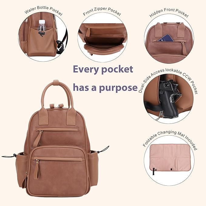 JESSIE & JAMES Saturday EDC Diaper Bag Backpack Multi Function Diaper Bag with Changing Pad & Stroller Straps_Brown
