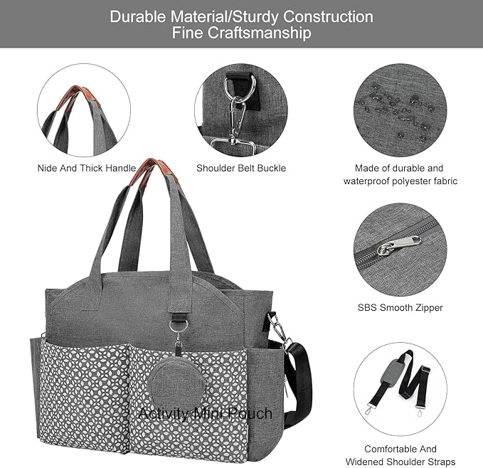 Diaper Bag Tote, Large Capacity Travel Diaper Baby Bags Crossbody Hospital Mom Bag，with Silicone Pacifier Case