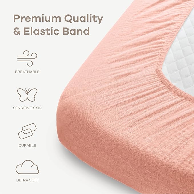 Comfy Cubs 100% Muslin Cotton Fitted Crib Sheet - Soft, Standard & Breathable Crib Sheets for Toddler Mattress - Snug Fit, Secure Elastic with Beautiful Packaging for Boys & Girls - Lace Pink