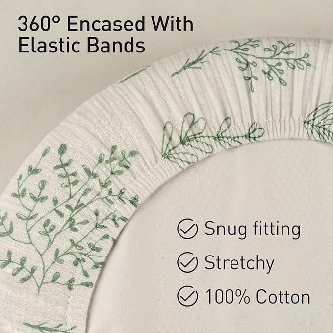 Muslin Bassinet Fitted Sheets, 2 Pack for Baby Boy and Girl, Soft Breathable Stretchy Baby Pad/Mattress Sheet Set, Universal Fit for Hourglass Oval and Rectangle Bassinet Mattress (Natural Leaves)