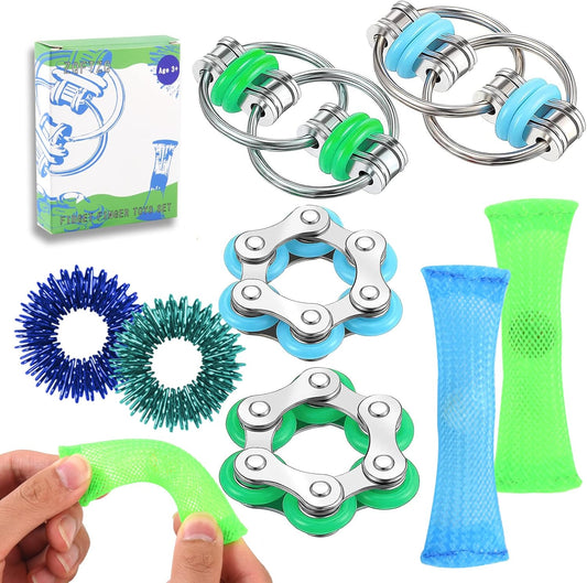 8 Pcs Hand Fidget Toys for Adults Roller Bike Chain Gyro Fidget Spinners Flippy Chain Mesh Marble and Spiky Fidget Rings Desk Silent Fidget Toys for Adults Teens Anxiety and Stress Relief