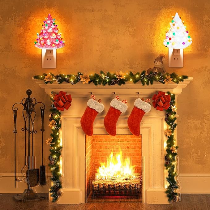 Brightown 2 Pack Ceramic Christmas Tree Night Light, Pink and White