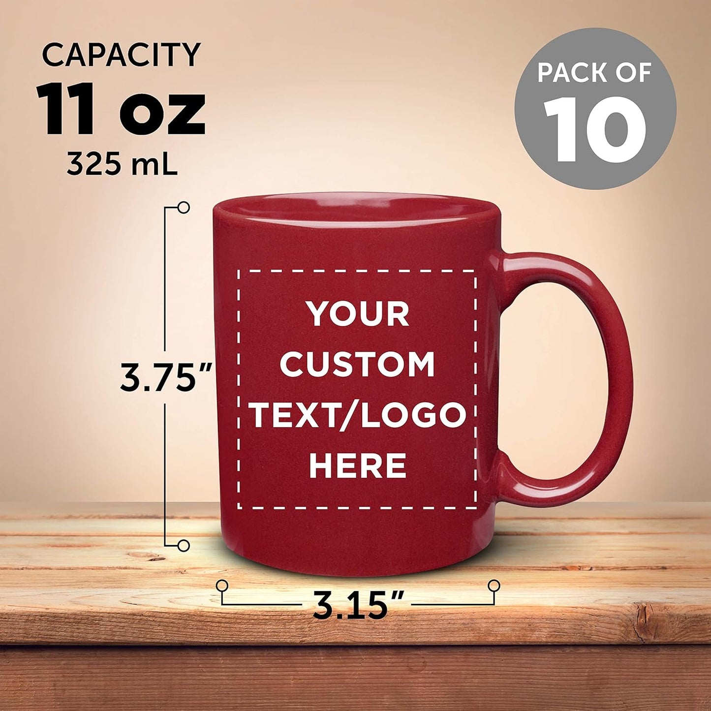 DISCOUNT PROMOS Ceramic Coffee Mugs 11 oz. Set of 10, Bulk Pack - Coffee cup set, Iced coffee cup, Gaming mug - Red