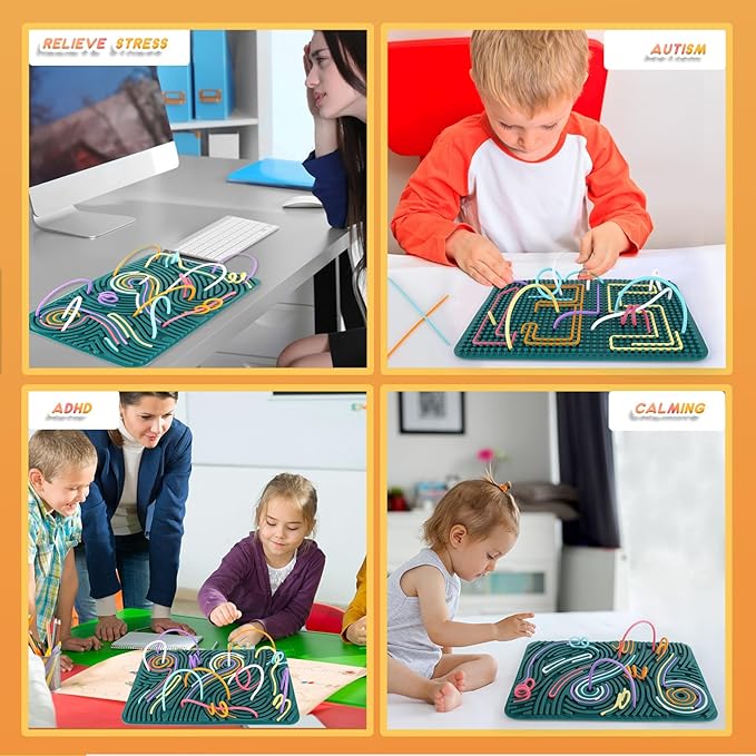 Extra Large Sensory Activity Board, 11.6"*7.87" Upgraded Double Sided Silicone Fidget Toy for Calming, Stress, Anxiety, ADHD & Autism, Sensory Toys for Kids 3+ & Adults with Travel Bag & 40 Strings