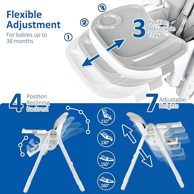 GAOMON Baby High Chair, Multifunctional Infant Highchairs with Adjustable Height and Recline, Foldable High Chair for Babies & Toddlers, High Chair with Removable Tray Easy Clean (Gray)