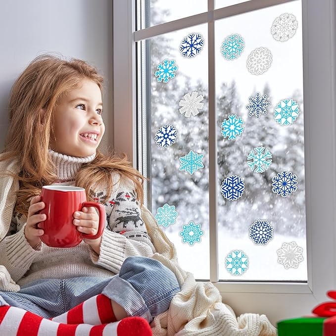 Tevxj 20 PCS Winter Thick Gel Clings Snowflake Window Decorations Christmas Snowflake Window Clings Decals Winter Window Decor for Kids Toddlers Home Airplane Christmas Party Home Classroom Nursery