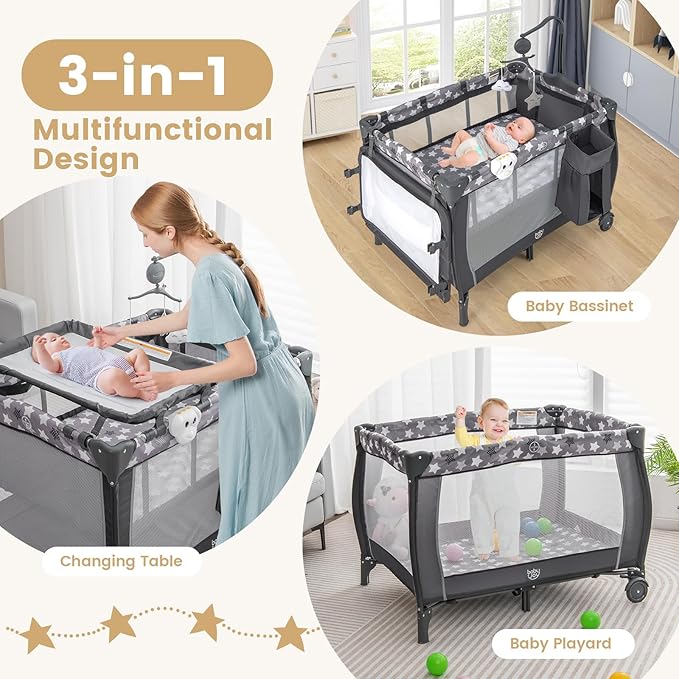 Costzon 3 in 1 Pack and Play with Bassinet, Portable Baby Playard with Changing Table, Music Box, Whirling Toys, Wheels/Brake, Basket, Bag, Foldable Infant Bassinet for Baby Toddlers Indoor Outdoor