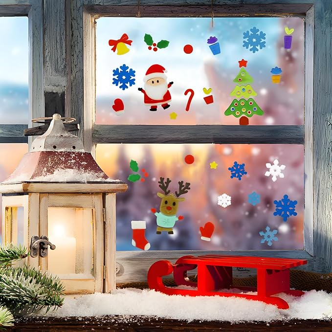 4Pcs Christmas Thick Gel Clings, Xmas Clings Window Stickers Winter Gifts, Jelly Window Stickers for Children, Cute Pumpkins Witch Bats Window Clings Christmas Window Decors Supplies for Kids