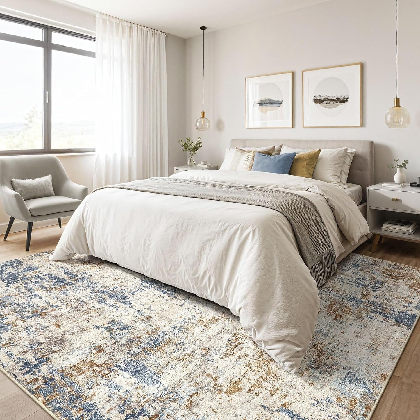 4x6 Rug Washable Area Rugs: Abstract Modern Soft Stain Resistant Indoor Floor Accent Non Slip Carpet for Living Room Entryway Kitchen Bedroom Nursery Office Bedside Home House Decor- Tan