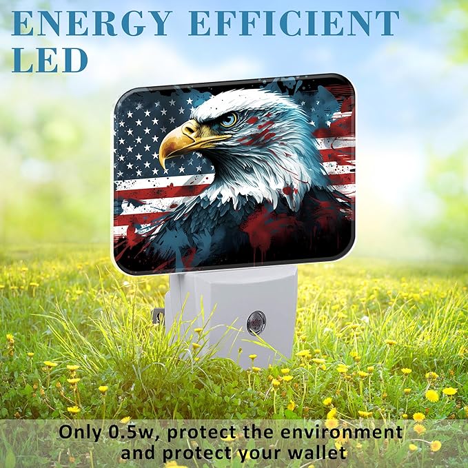 American Flag and Bald Eagle Night Light for Kids, USA Flag LED Night Light Plug into Wall with Dusk to Dawn Sensor for Girls Boys Women Men Bedroom, Hallway, Kitchen, Bathroom, Stairs Decor