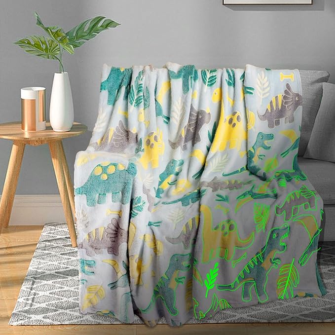Glow in The Dark Dinosaur Blanket for Boys - Soft Fleece Throw for Kids, Toddlers - Dinosaur Gifts, Birthday Present - 50"x60"