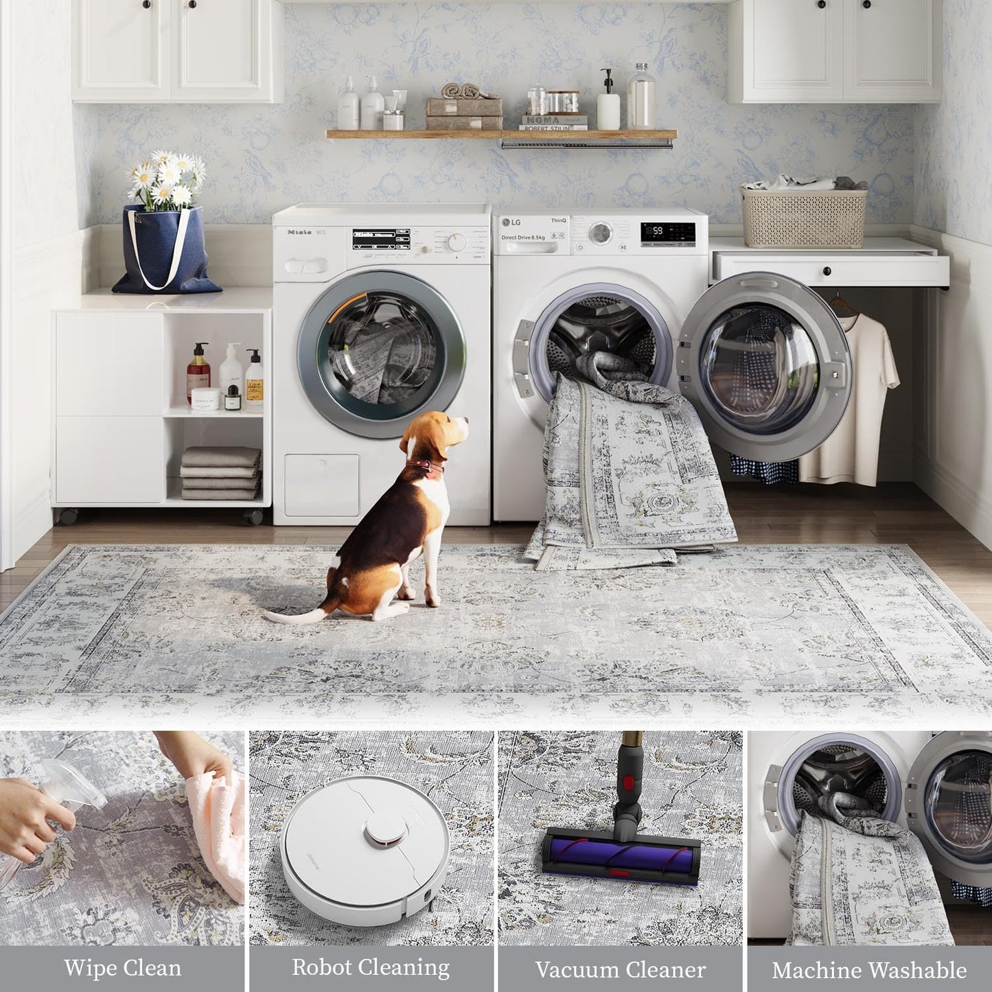 jinchan Runner Rug 2x6 Machine Washable Hallway Rug Grey Vintage Floral Print Non-Slip Low Pile Ultra-Thin for Kitchen,Entryway,Laundry Room,Bedroom,Farmhouse (2‘x6’,Grey)