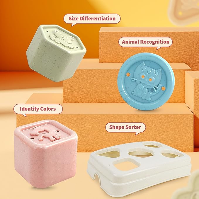 Shape Sorters Baby Toys 5 in 1 Montessori Toy for 6-48 Months Stacking Cups,Rings Toy Links,Soft Stacking Rings,Blocks Set,Soft Animals Toys Shape Sorters for Toddlers 1-3