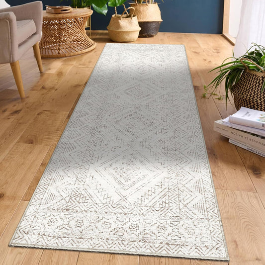 COZYLOOM Runner Rug 2x8 Living Room Washable Rugs Stain Resistant for Bedroom Soft Floor Carpet Non Slip Distressed Geometric Carpet for Dining Room Laundry Room Office, Ivory