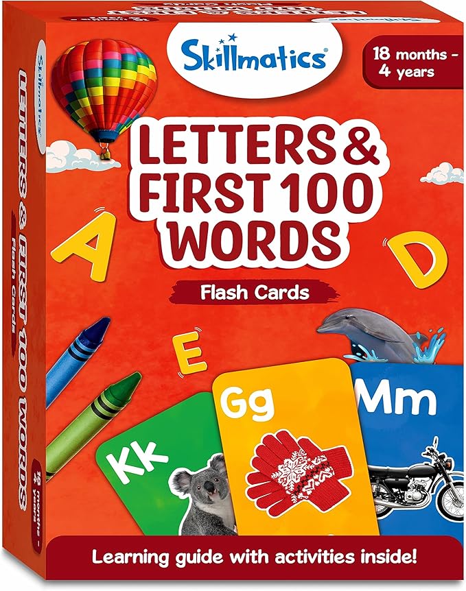 Skillmatics Thick Flash Cards for Toddlers - Letters & First 100 Words, Montessori Toys & Games, Gifts, Preschool Learning for Kids 1, 2, 3, 4 Years