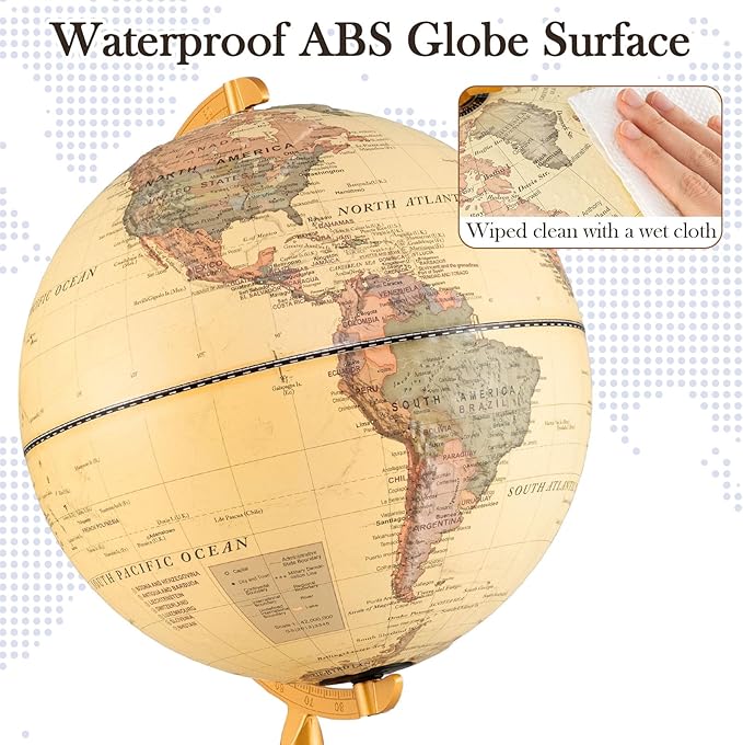 12" Illuminated World Globe, Desktop Globe with Raised Relief, LED Lights, Time Zone & Non-Slip Wooden Base, Geographic Terrain Globes for Decoration (Bronze)