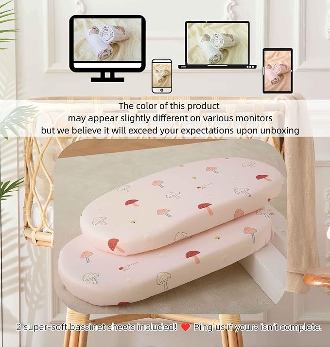 SDY Mushroom Bassinet Sheets Set 2 Pack for Boys Girls， Universal Fit for Bassinets Baby Cradle Moses Basket Oval Rectangle Mattress Safe and Snug 32 * 16 * 4 inches (Mushroom Day)