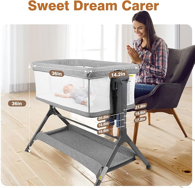 Baby Bassinet Bedside Sleeper, Baby Crib for Infant, 6-Height Adjustable, Rocking Mode with Breathable Mesh & Mattress, Quiet Wheels & Easy Assembly, Stable and Secure Crib for Newborn, Grey