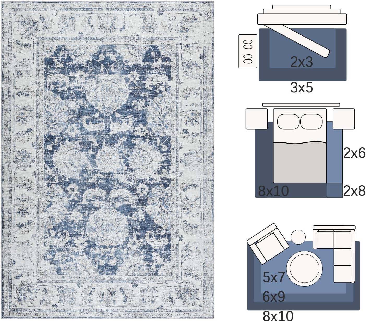 jinchan Washable Area Rug 8x10 for Living Room Soft Faux Wool Ultra-Thin Stain Resistant Non-Slip Distressed Vintage Floral Large Carpet for Bedroom,Dining Room,Home Office,Nursery(Dark Blue, 8'x10')