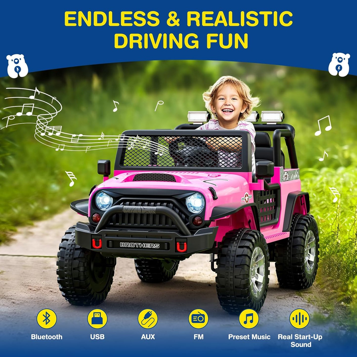L8 2 Seater Ride On Car, 12V Kids Electric Car w/Remote Control, 4-Wheel Suspension, Bluetooth Speaker, Multi Music Modes, 3 Speeds, LED Lights, Xmas & Birthday Gift Ideas for Kids Ages 3+