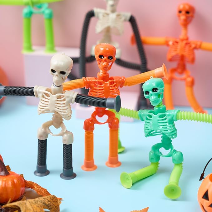 JOYIN 6 PCS Halloween Pop Sensory Tube Stretchy Toys, Glow in The Dark Fidget Toys for Halloween Party Favor Goodie Bag Fillers, Stress Relief Telescopic Suction Cup Skeleton Toys for Kids Gift