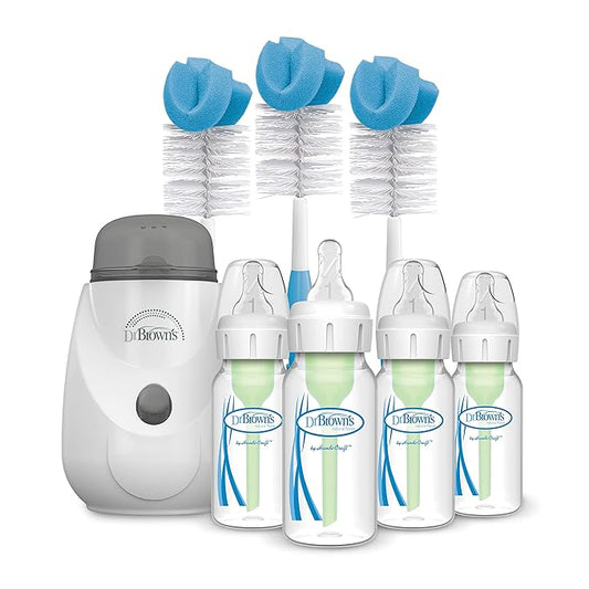 Dr. Brown’s Insta-Feed Bottle Warmer and Sterilizer with Anti-Colic Options+ Narrow Baby Bottles 4 oz, with Level 1 Slow Flow Nipple, 4 Pack, 0m+ and Bottle Cleaning Brush Set, Blue