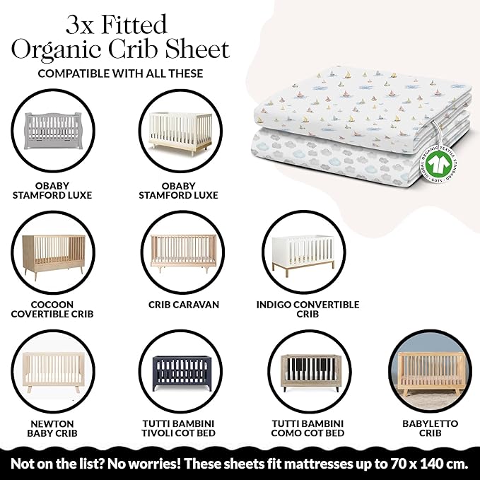 100% Organic Cotton Crib Sheets (3-Pack) - GOTS Certified - Breathable Organic Crib Sheets - Double-Elastic for Secure Fit, Extra Protection for Your Baby - Gender-Neutral Sheet (28"x55")/ 140 x 70cm