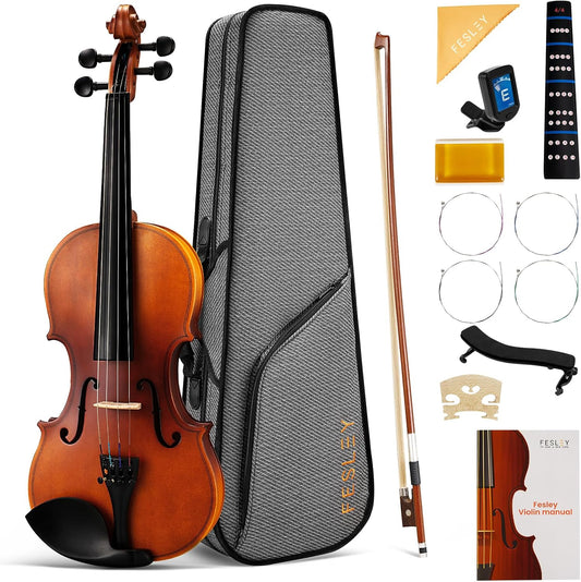 Fesley Violin Fiddle Beginner Set: 3/4 Matt Violin Kit for Student, Acoustic Violin with Hard Case, Solidwood Hand Made Starter Kit with Bow, Rosin, Shoulder Rest, Tuner, Extra Strings