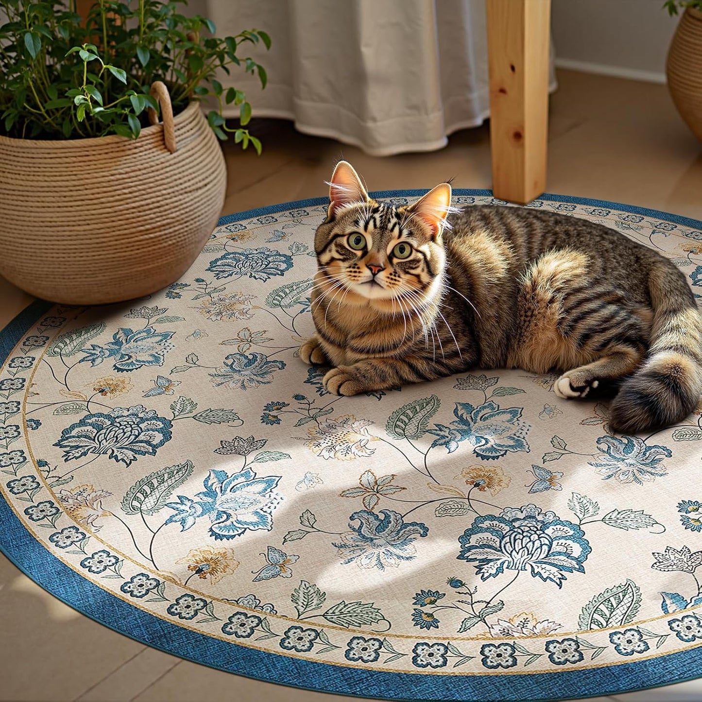 jinchan 6ft Floral Round Rug for Dining Room Washable Living Room Rug Vintage Romance Design Non Slip Indoor Floor Cover Lightweight Low-Profile Throw Carpet for Bedroom Porch Patio, Blue/Beige