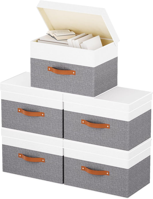 Fabric Storage Bins with Lids, 5 Pack Linen Foldable Cloth Baskets, 15 x 9.8 x 9.8 Inch Closet Organizer Containers with Double Handles, Sweater Boxes for Bedroom, White and Grey