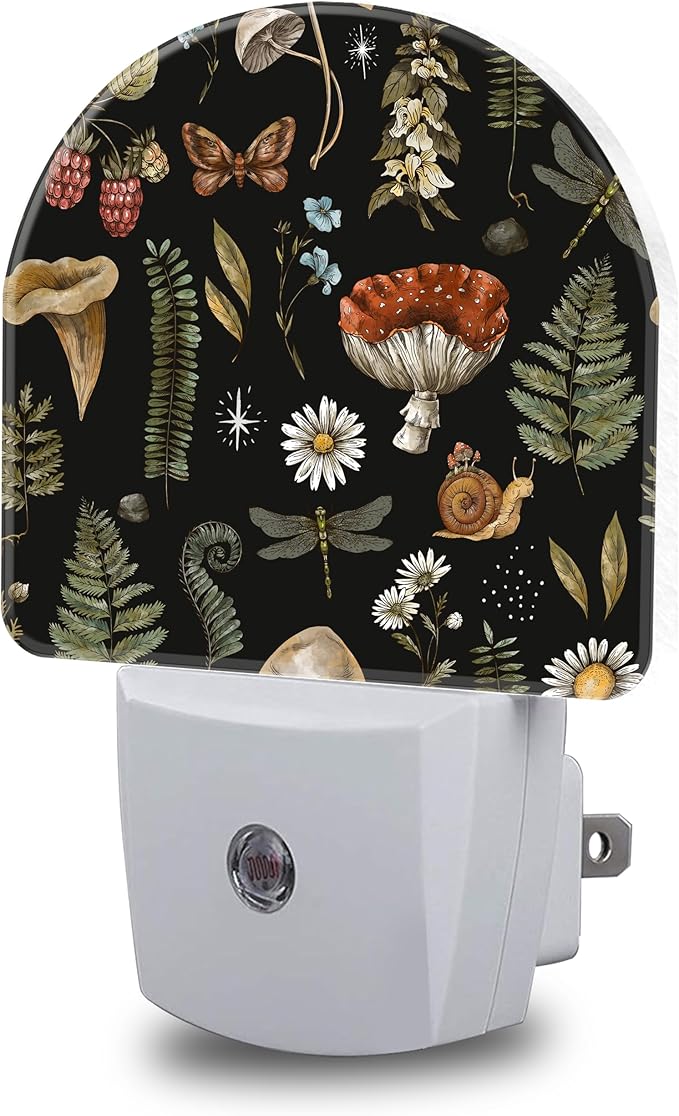 Night Lights Plug into Wall Nature Woodland Mushroom Forest Plants Night Light Dusk to Dawn Smart Sensor Decorative Round Led Lamp for Bedroom Kitchen Hallway Nightlight for Women Men