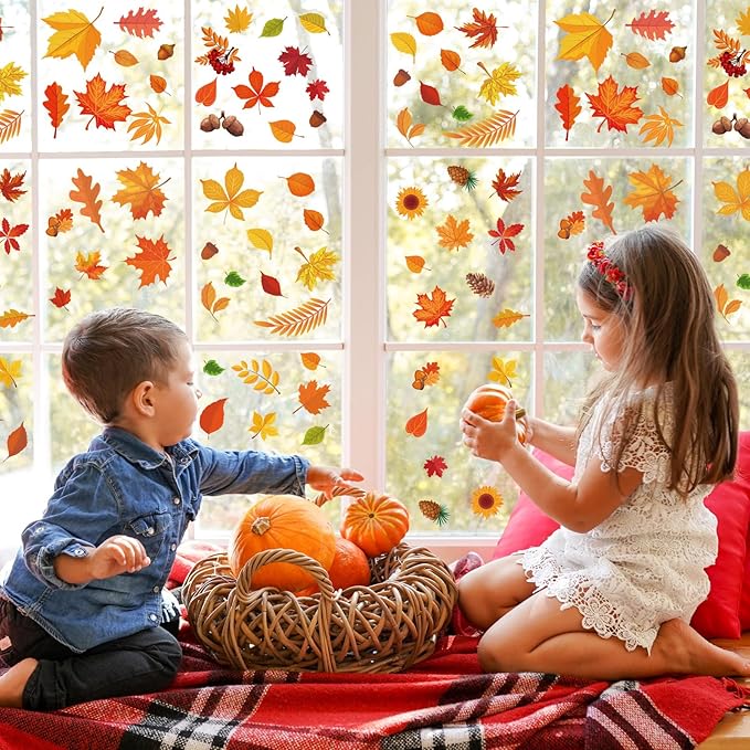Whaline 124Pcs Fall Window Clings Colorful Maple Leaves Pumpkin Pine Reusable Window Decals for Autumn Thanksgiving Harvest Party Seasonal Holiday Home School Supplies