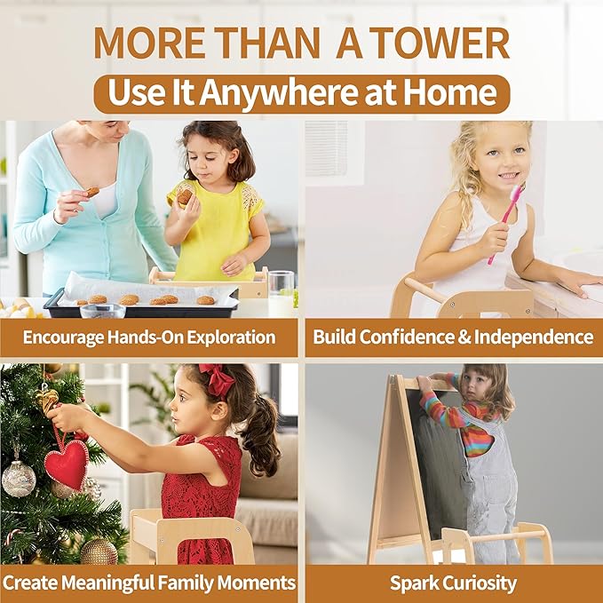 Toddler Kitchen Helper Tower for Ages 1–6 – 3-Level Adjustable Learning Tower with Safety Design, Toddler Standing Tower & Kitchen Helper Stool, CPC Certified, Natural