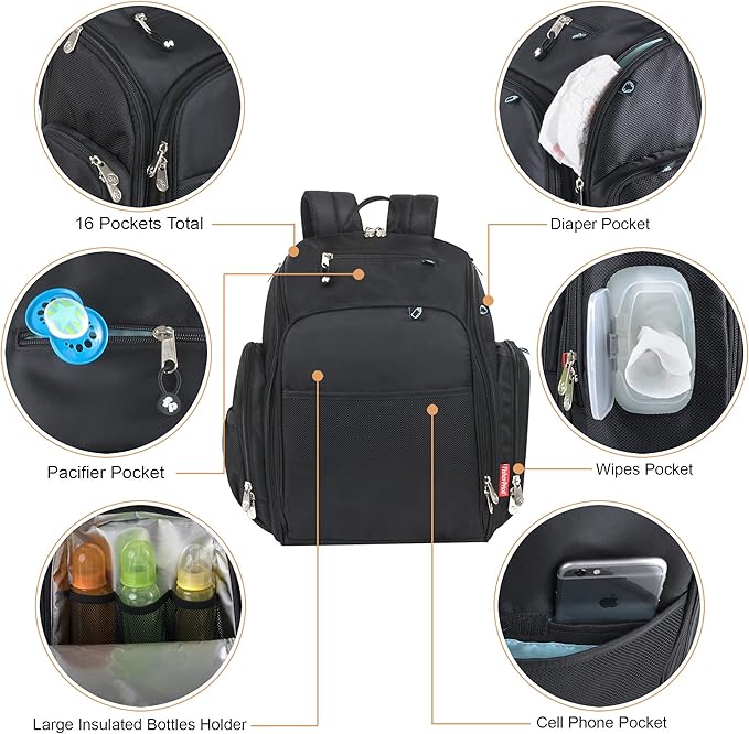 Fisher-Price Large Multi-Pocket Multifunction Kaden Baby Diaper Bag Backpack for Infant Boys & Girls (Black)