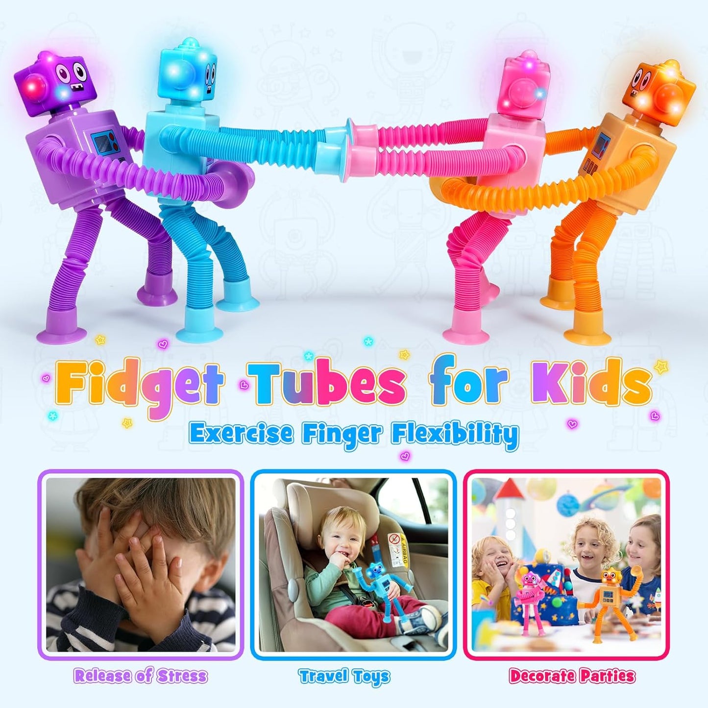Robot Fidget Toys for Kids : 4 Pack LED Robotic Pop Tubes Telescopic Suction Cup Sensory Toy for 2 3 4 5 6 7 8 Year Old Boys Girls Christmas Birthday Gifts for Kid Ages 2-4 Toddler Travel Toy
