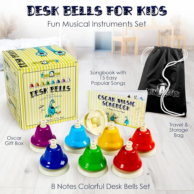 MINIARTIS Desk Bells for Kids | Educational Music Toys for Toddlers 8 Notes Colorful Hand Bells Set | Kids Musical Instrument with 15 Songbook | Great Birthday Gift for Children