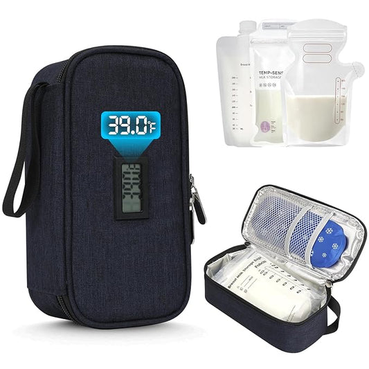 YOUSHARES Breastmilk Cooler Travel Bag with Digital Thermometer, Small Insulated Baby Milk Storage with 2 Ice Packs, Daycare and On-The-Go Moms （Navy）