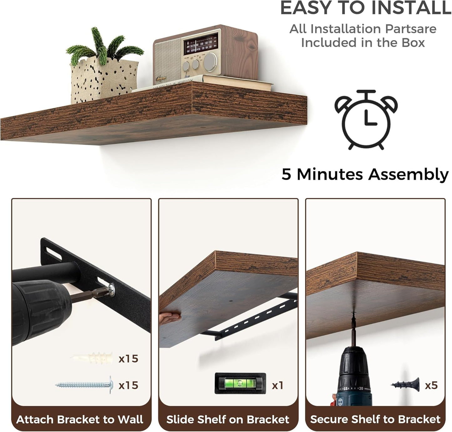 Floating Shelves - 2 Large Wall Mounted Shelves with Invisible Brackets, Long Wood Floating Wall Shelf for Living Room, Bedroom, Kitchen, (Brown, 24" W x 9" D x 1.5" H)