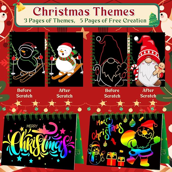 12 Pack Christmas Scratch Art Party Favors for Kids - Rainbow Scratch Paper with Christmas Scratch Off Cards Easter Birthday Goodie Bags Stuffers - Winter Holiday Gifts DIY Classroom Prizes