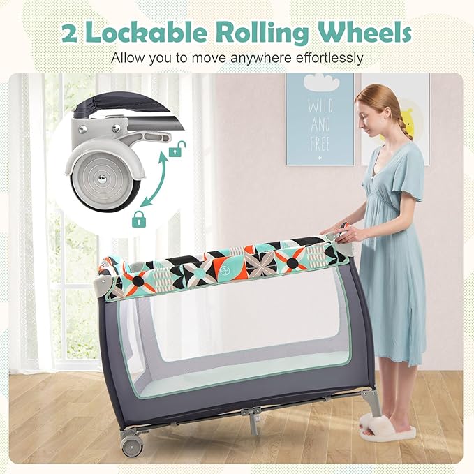 HONEY JOY Pack and Play, 4 in 1 Portable Baby Crib Playpen w/Bassinet, Changing Table, Storage Bag, Hanging Toys, Mattress, Foldable Pack and Play Nursery Center for Infant Boys Girls (Blue)