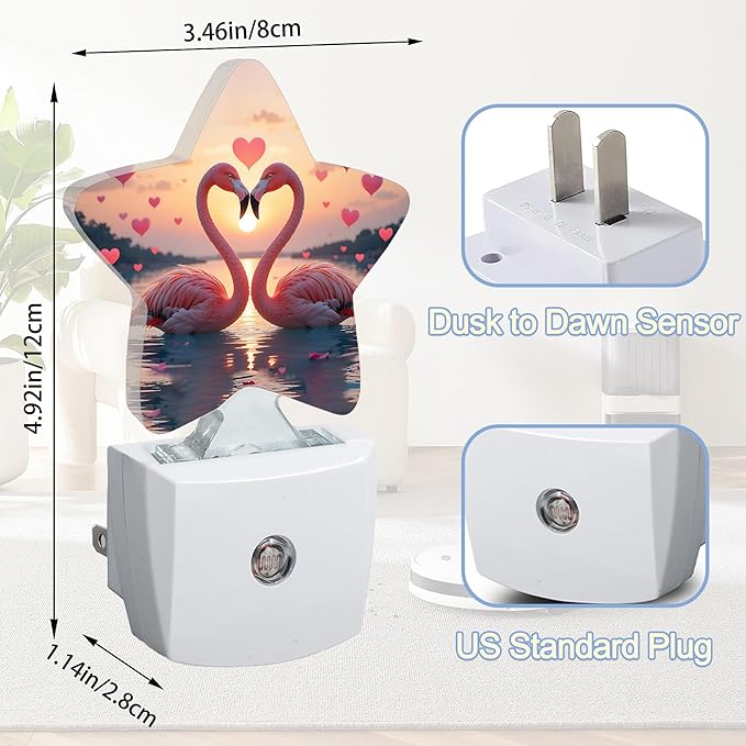 Beach Flamingos Night Lights Plug Into Wall,Romantic Love Heart Star Night Light for Kids,Nightlight with Dusk to Dawn Smart Sensor for Bedroom Bathroom Decor,Children Women Men Gift
